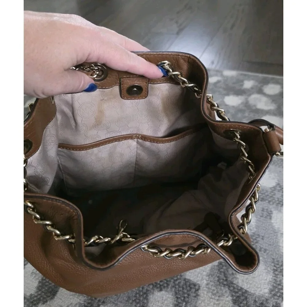 Michael Kors Frankie Brown Pebbled Leather Drawstring Convertible Shoulder Bag